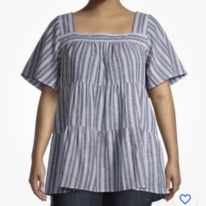 Terra and Sky Square Neck Fluttered Sleeve Blue Tiered Tunic 4X (28W-30W) New